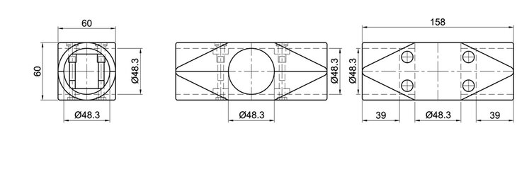 Technical drawing of a two-layer cross connector with labeled measurements showing front, side, and top views.