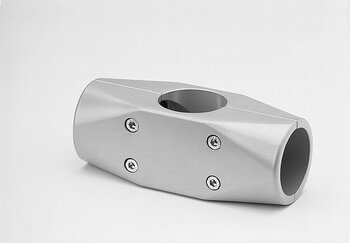 Silver two-layered cross tube connector with central circular opening and hex screws