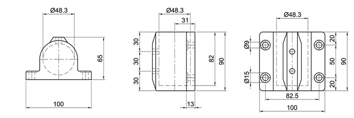 Technical line drawing showing front, side, and top views of a single-channel wall bracket tube connector with dimensions and hole placements in millimeters.