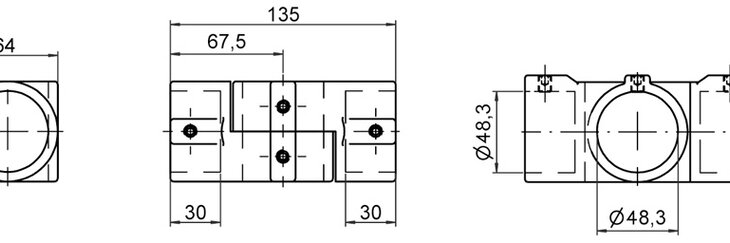 Technical line drawing of a single-layer cross joint tube connector with dimensional annotations in millimeters